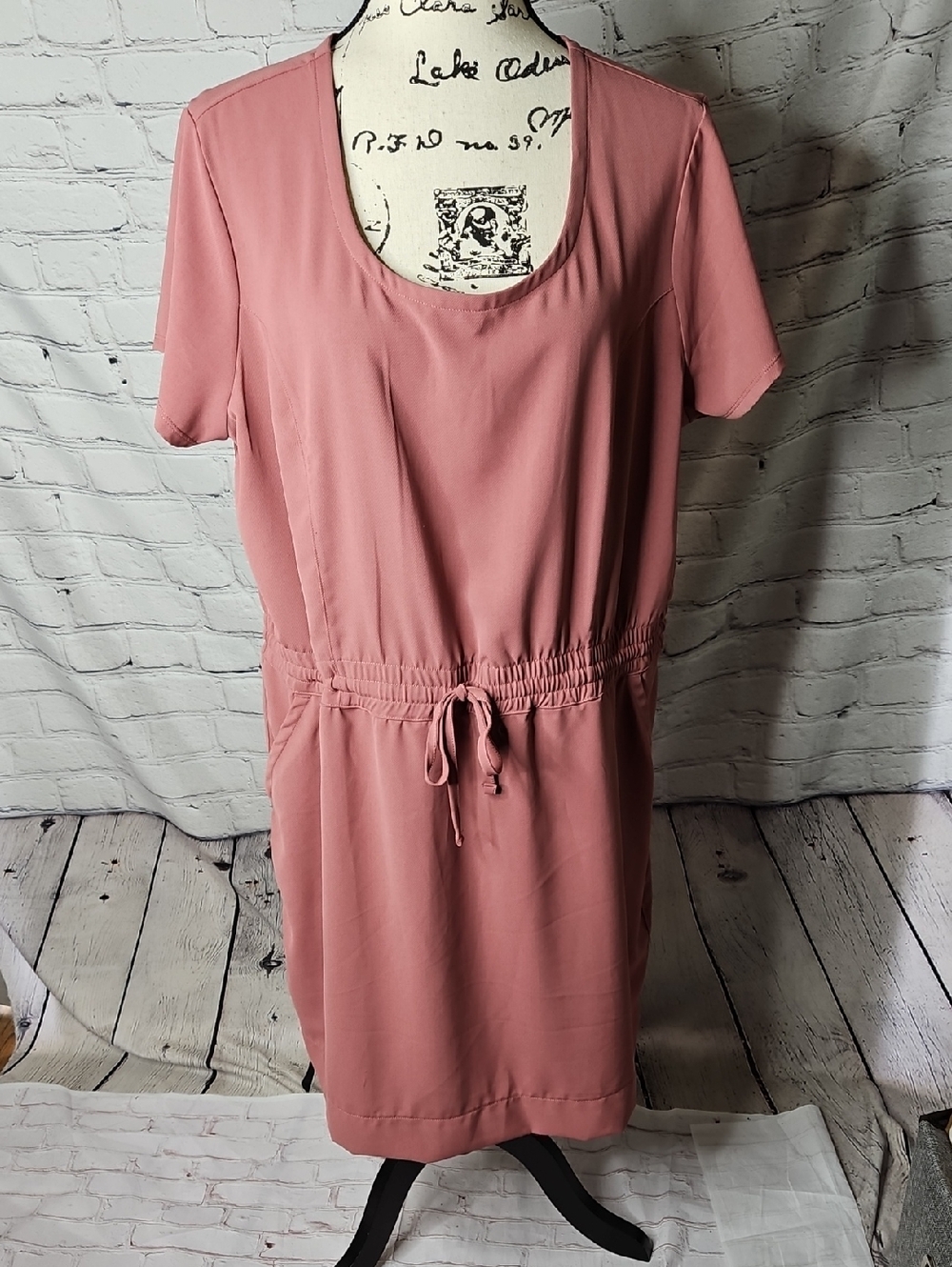 32 Degrees Cool Drawstring Waist Short Sleeve Dress Dusty Rose Pink Size XL